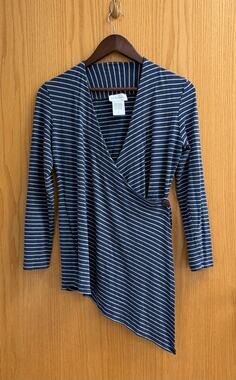 Soft Surroundings M Boho Nautical Artsy faux wrap angled hem striped blue tunic